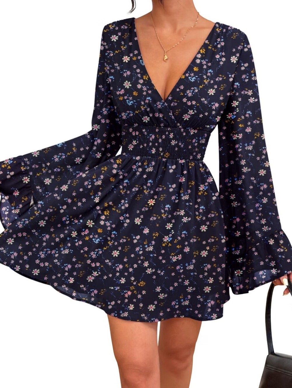 NWT bell sleeve floral deep V-neck mini dress Size Medium
